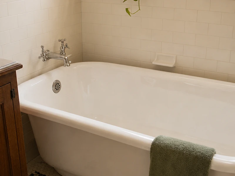 The same Elmwood cast-iron bathtub with a glossy bright-white refinished surface, Berkeley