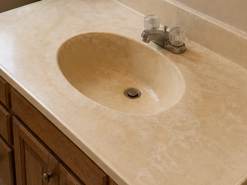 Yellowed, etched cultured-marble vanity top before refinishing in a Claremont, Berkeley bathroom