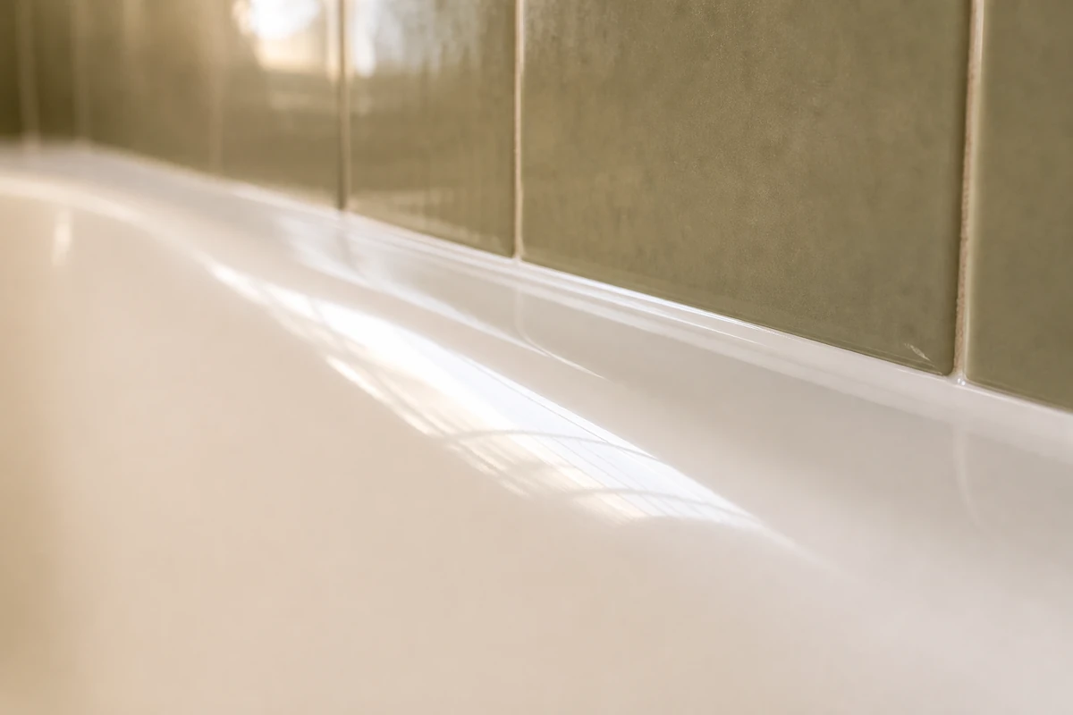 Close-up of a repaired and refinished bathtub rim in a Berkeley home
